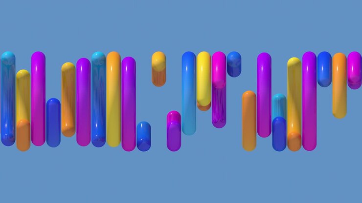 Lyse farverige cirkler på række. Blå baggrund. Abstrakt animation, 3D-render