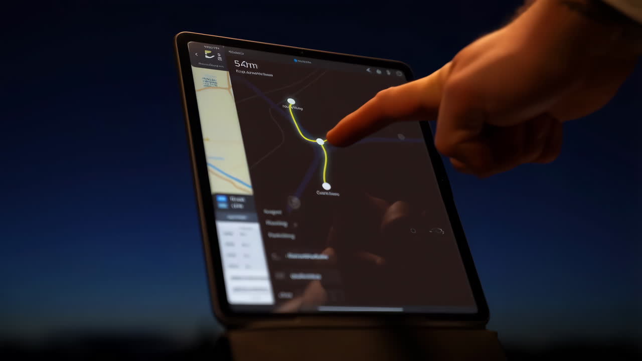 A person's hand interacts with a tablet showing a navigation map
