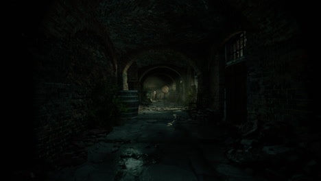 exploring an eerie underground corridor with dim lighting and stone walls