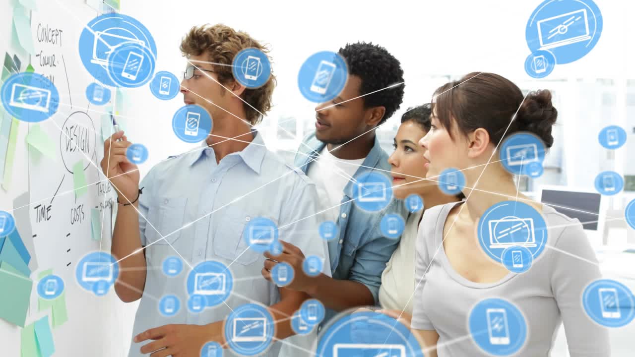 Man pointing DESIGN, team annotating whiteboard during brainstorm, network icons overlaying team