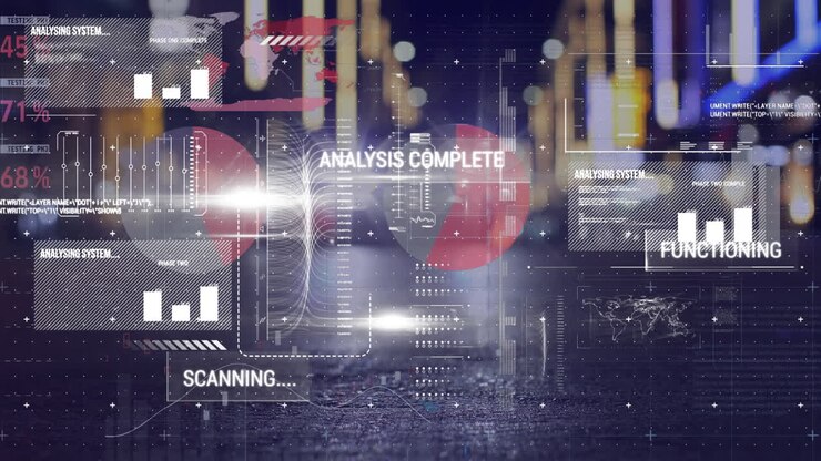 Animation of data processing on digital screen over night road traffic