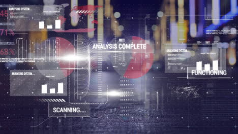 animation of data processing on digital screen over night road traffic
