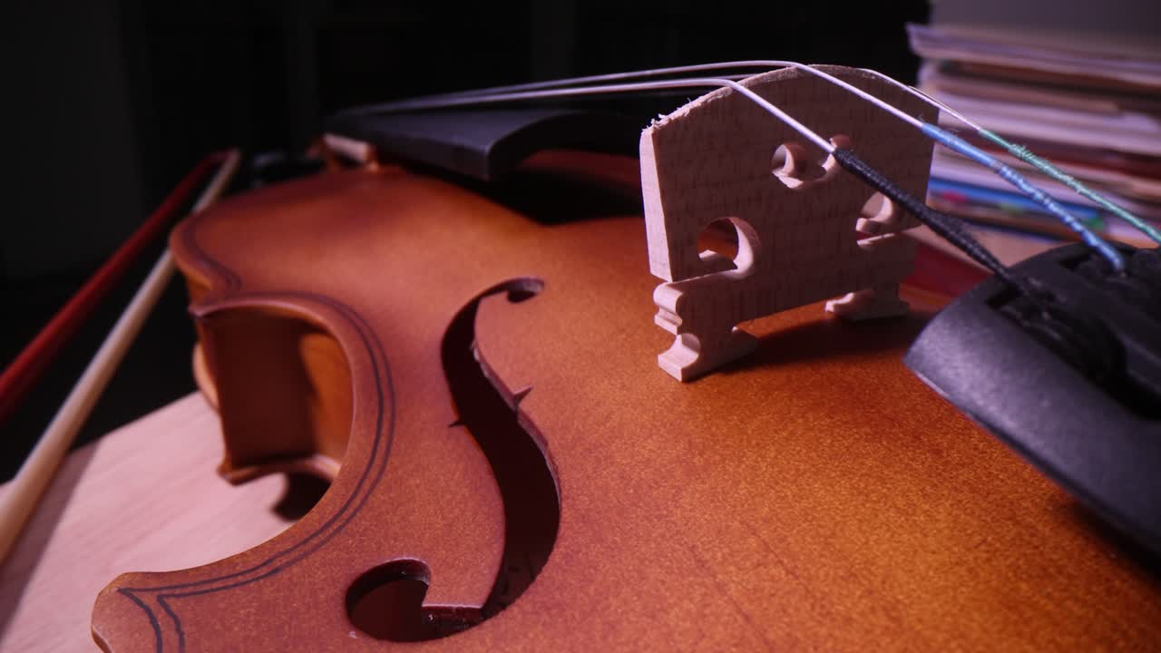 Close-up of a Violin's Body, Bridge, and F-hole