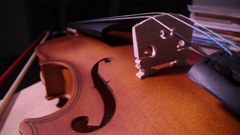 close-up of a violin's body, bridge, and f-hole