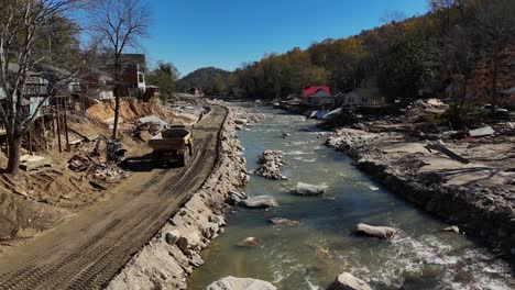 A Scene Shows a River Restoration with Construction Equipment Amidst Nature. A scene shows a river restoration with construction equipment amidst nature, highlighting human and ecological harmony