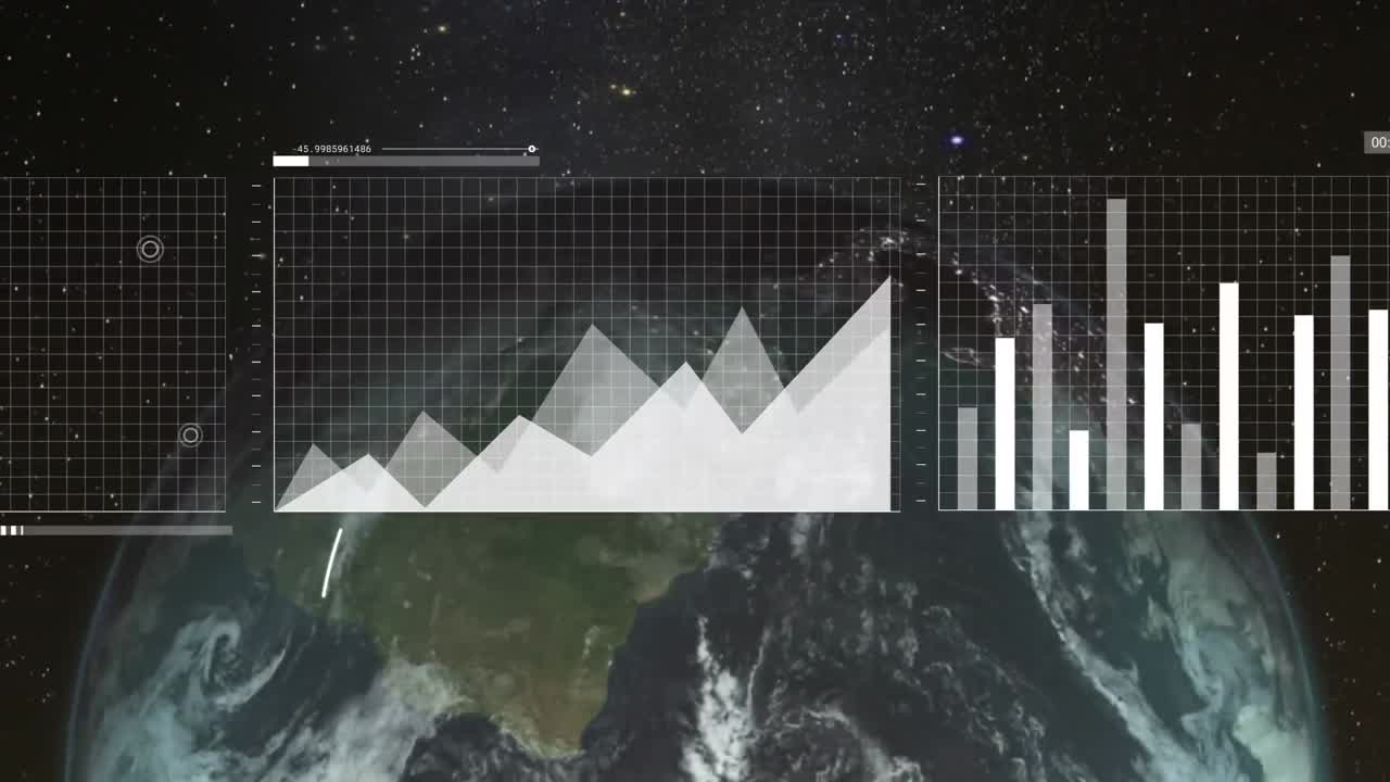 animación de múltiples gráficos sobre líneas que se mueven alrededor de un globo giratorio contra el espacio