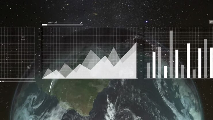 Animation of multiple graphs over lines moving around rotating globe against space