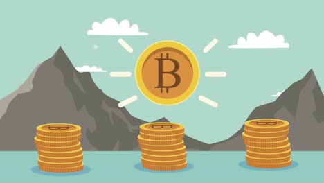 animación de dinero criptográfico en pilas de bitcoins