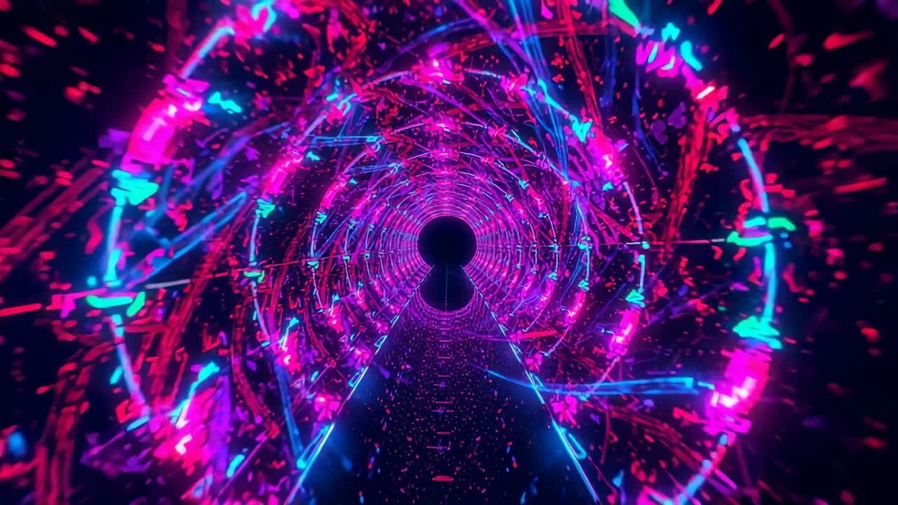 At start camera advancing through neon tunnel with pathway, light debris toward keyhole silhouette