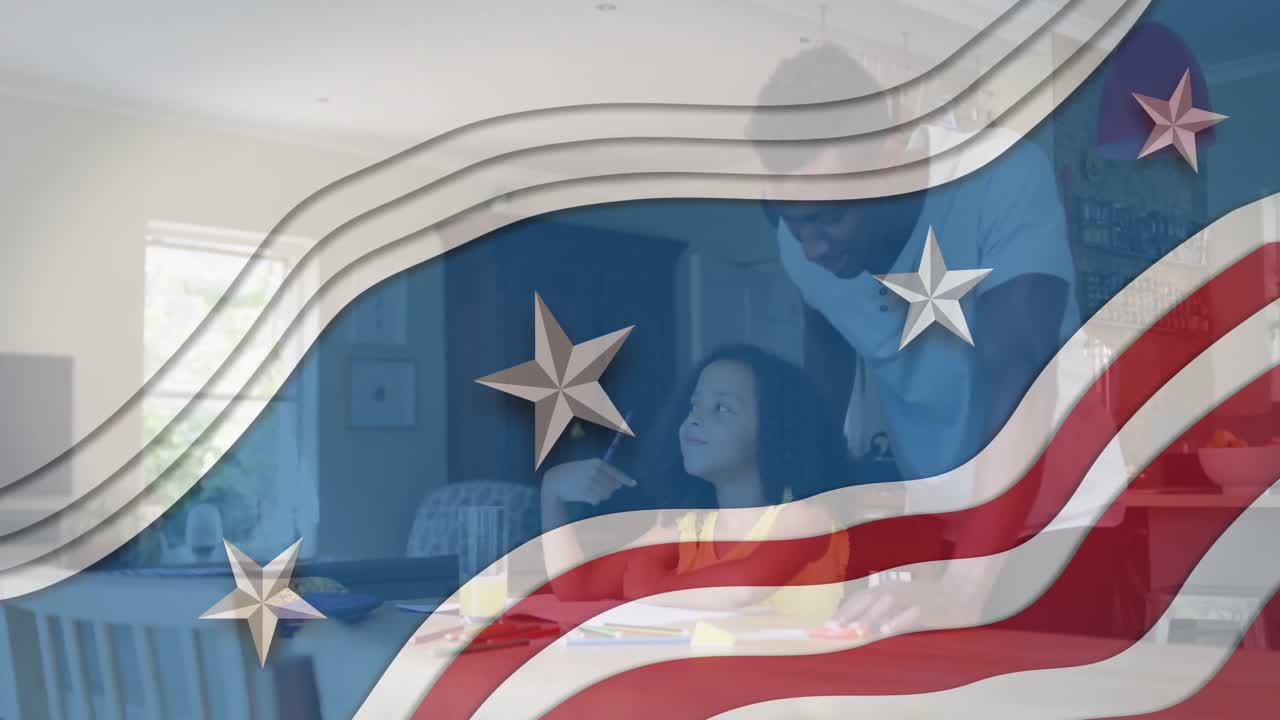 animación de la bandera de los estados unidos ondeando sobre un padre afroamericano haciendo la tarea con su hija