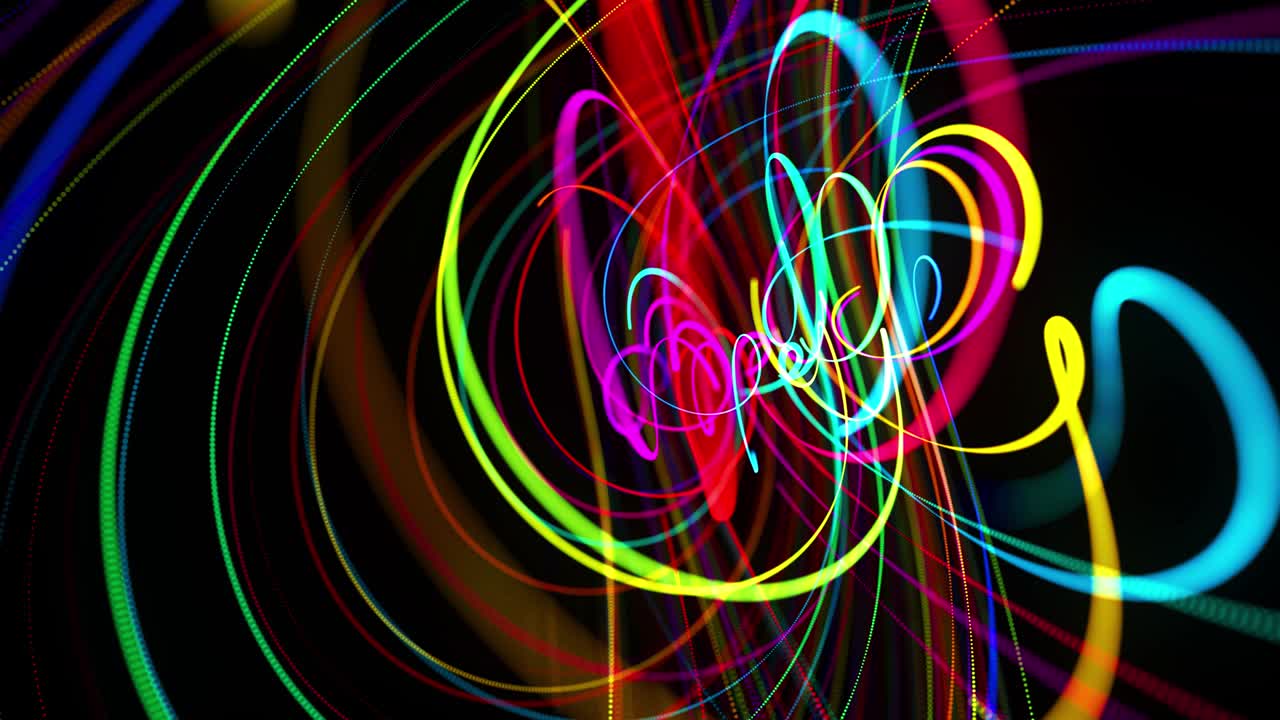 fondo en bucle abstracto en 4k con rayas de luz multicolores, efectos de luz y bokeh. líneas de neón hechas de partículas vuelan y forman estructura curva o patrón retorcido. espiral