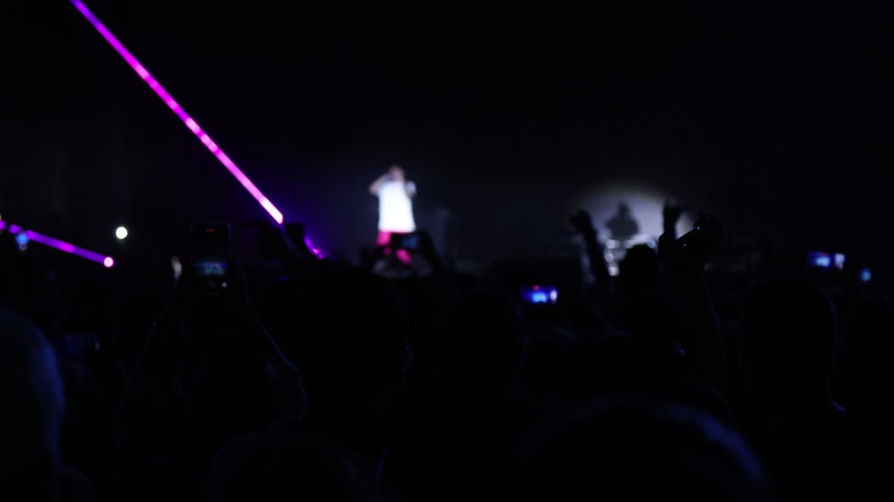 Mani del pubblico che usano smartphone e si godono il concerto di notte.