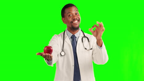 Doctor,-apple-and-portrait-with-thumbs-up