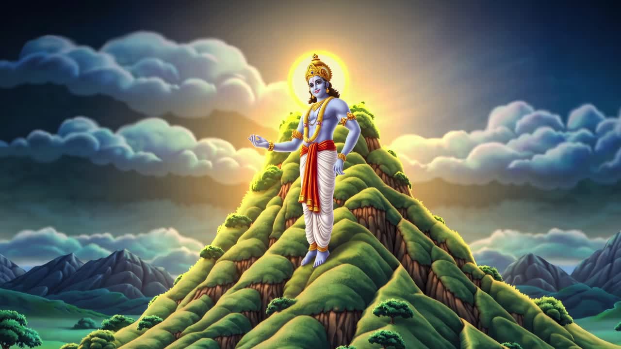 krishna levantando el monte govardhan