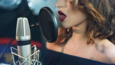 woman singing in the recording studio. profile of a woman with a beautiful face and lips.