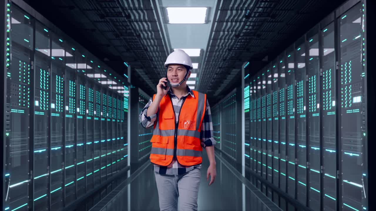Front View of Asian Male Engineer Talking On Smartphone While Walking in Server Room Data Center