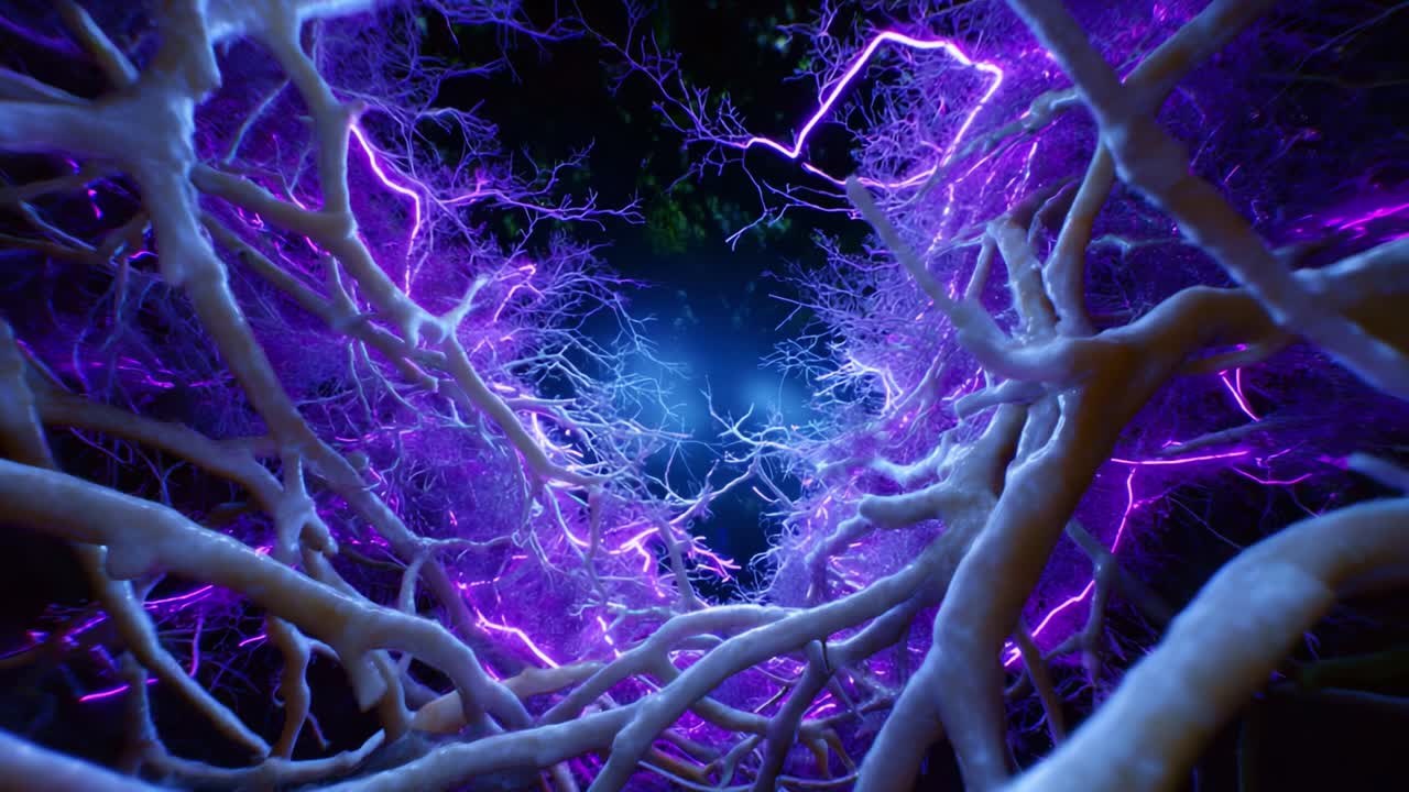 A Surreal Journey Through an Illuminated Forest of Twisted Branches and Electric Vines Under a Mystical Night Sky of Pulsating Purple Lights