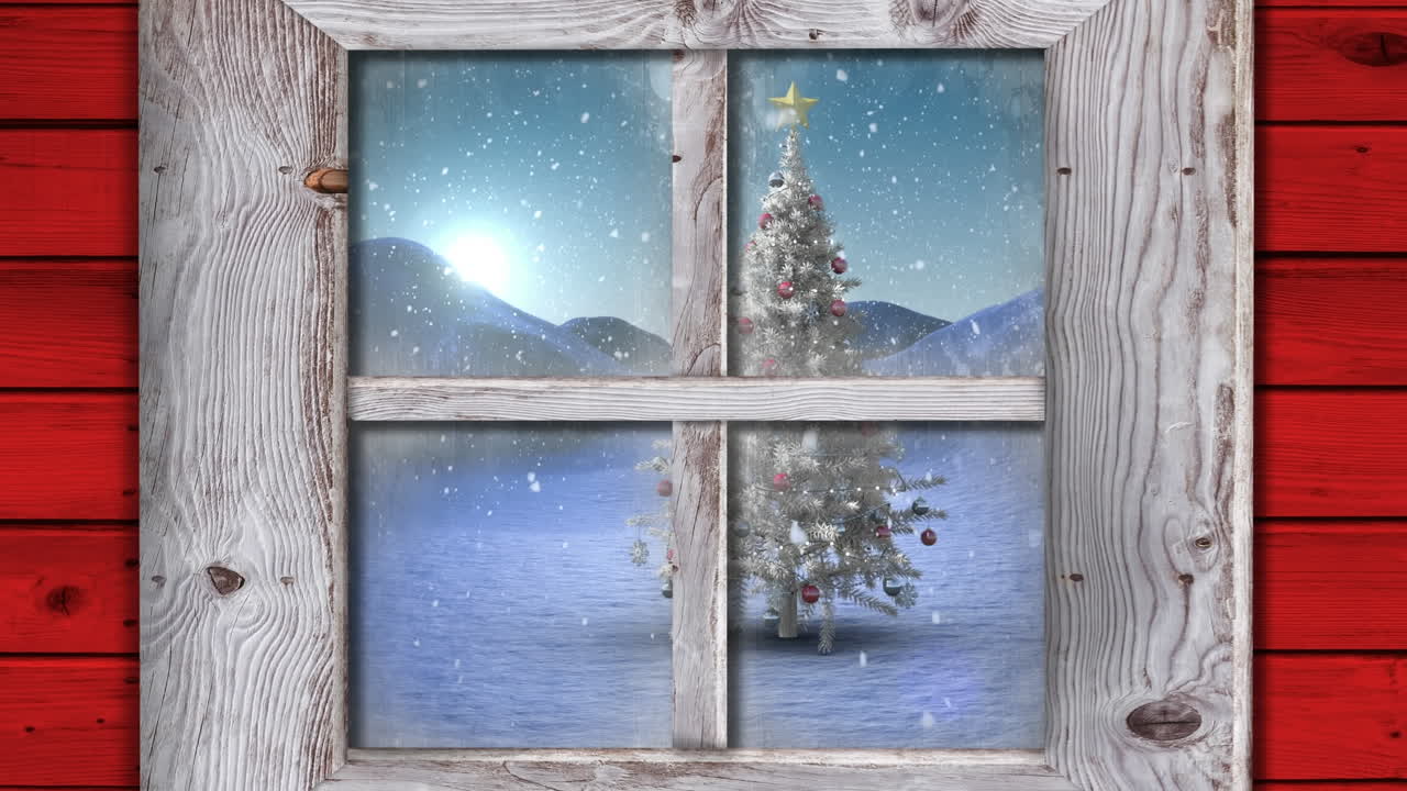 Animation af vinduesudsigt med juletræ og vinterlandskab