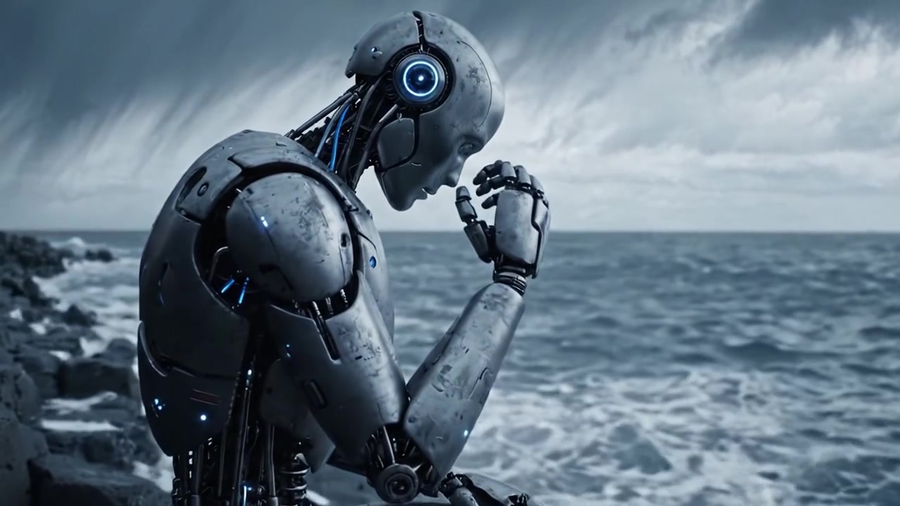 Un robot solitario siede pensieroso su coste rocciose, di fronte al mare in tempesta, incarnando il contrasto tra tecnologia e natura sotto un cielo tempestoso e drammatico