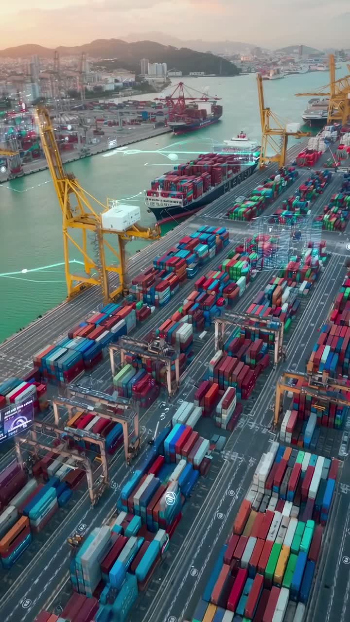 Vista aerea di un porto affollato con container e gru colorati, perfetto per un video di logistica
