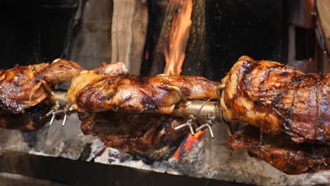 pollo asado en una saliva sobre un fuego abierto
