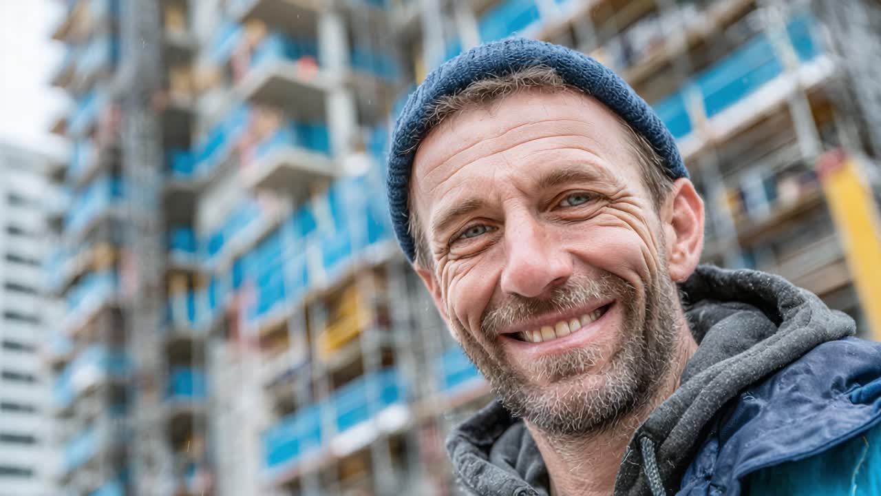 Cheerful Construction Worker Smiling Amidst Building Site: Capturing the Spirit of Hard Work and Community in Modern Urban Development