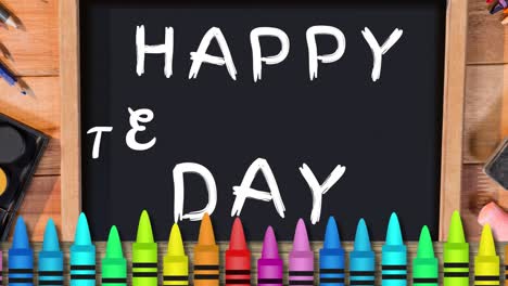 animation of happy day over blackboard and crayons