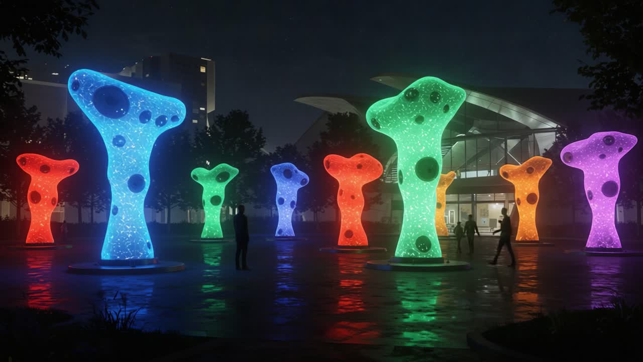 Illuminated Sculptures in a Night Park: Vibrant Glowing Art Installations Create a Spectacular Atmosphere in a Modern Urban Setting Under a Starry Sky