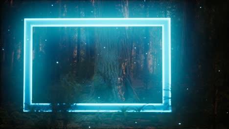 neon glowing rectangle frame in the night forest