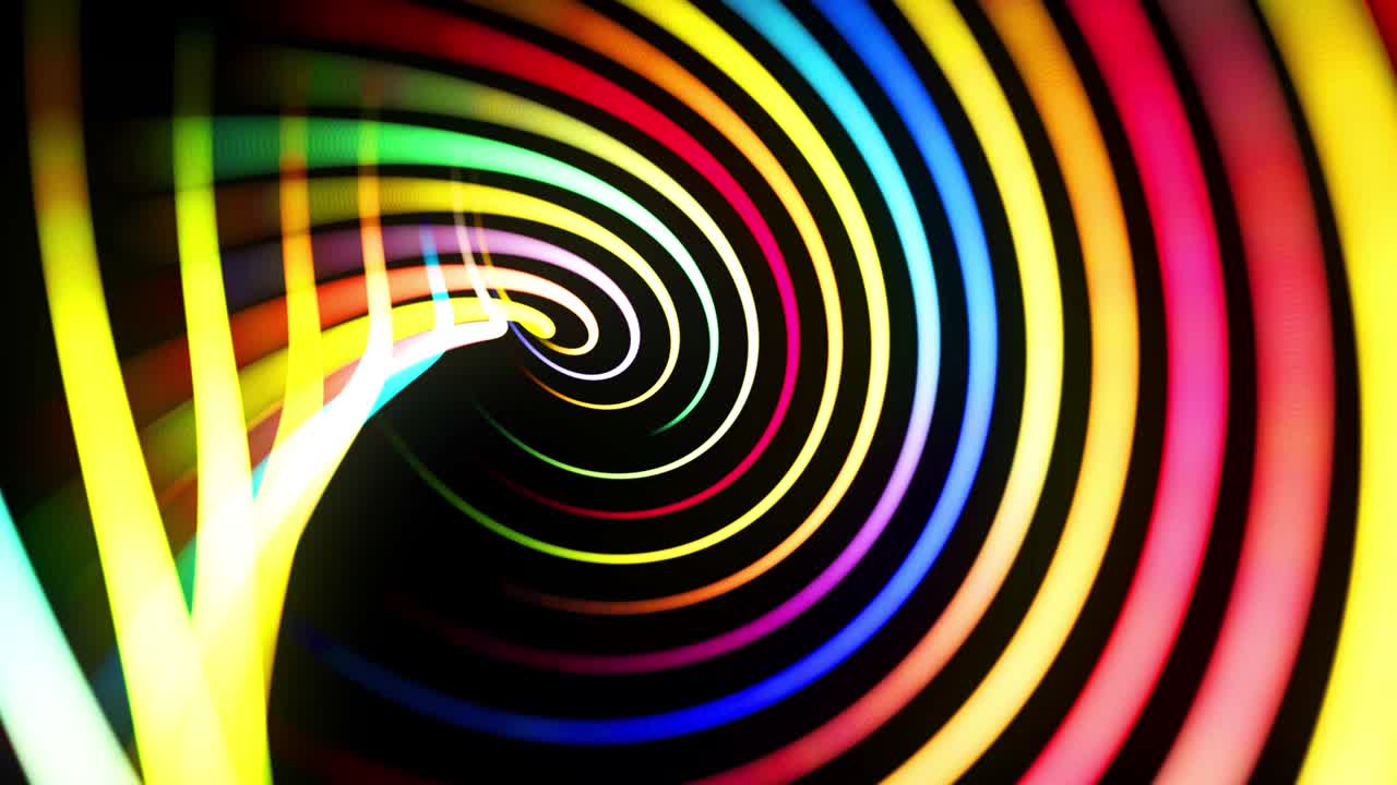 fondo en bucle abstracto en 4k con rayas de luz multicolores, efectos de luz y bokeh. líneas de neón hechas de partículas vuelan y forman estructura curva o patrón retorcido. espiral