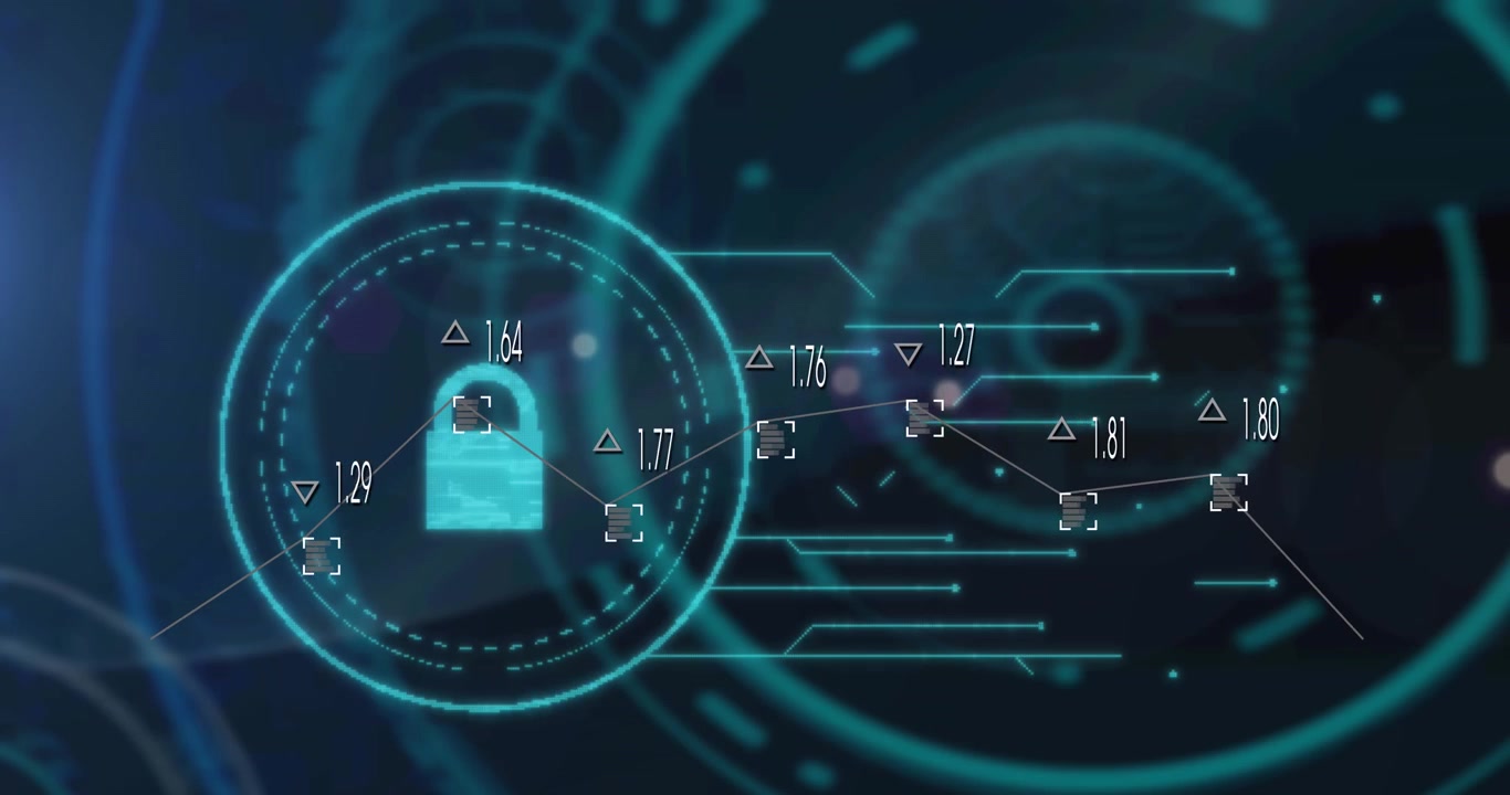 Animação de interface digital com processamento de dados sobre fundo preto.