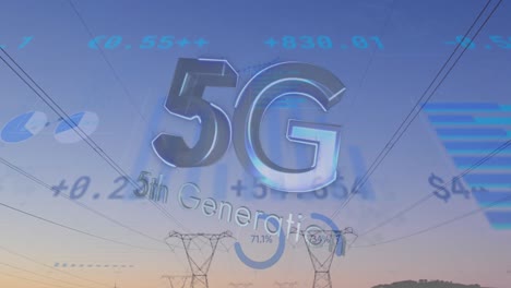 Digital-composite-video-of-5g-text-against-financial-data-processing-over-radio-towers-on-the-road