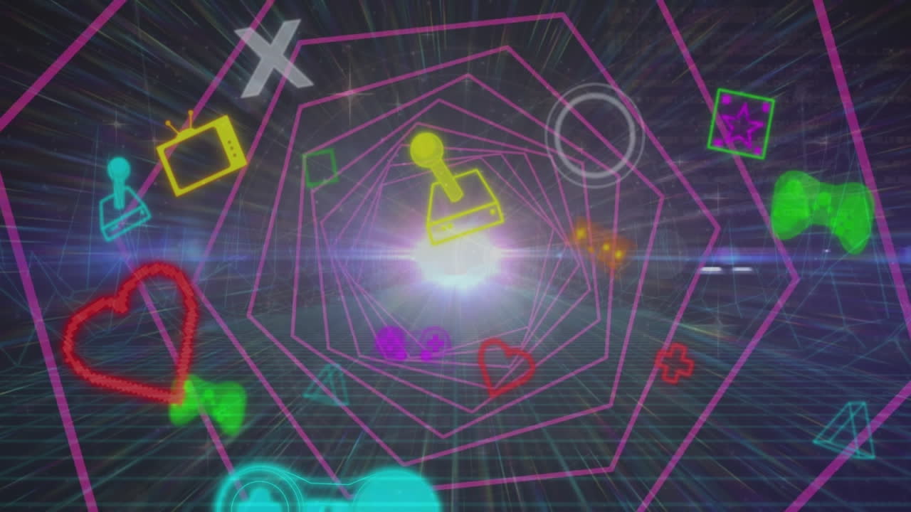 animación de iconos de aplicaciones informáticas sobre túneles hexágonos contra las llamaradas de la lente en el fondo