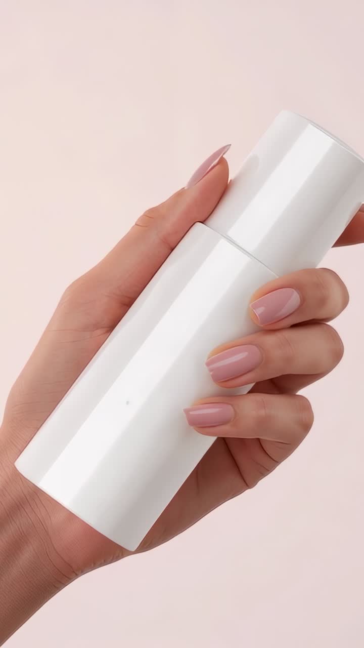 Vertical video: Entering hand rotating white cosmetic bottle in pink studio, showcasing packaging