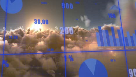 animación del procesamiento de datos estadísticos a través de la red de red contra nubes y sol en el cielo