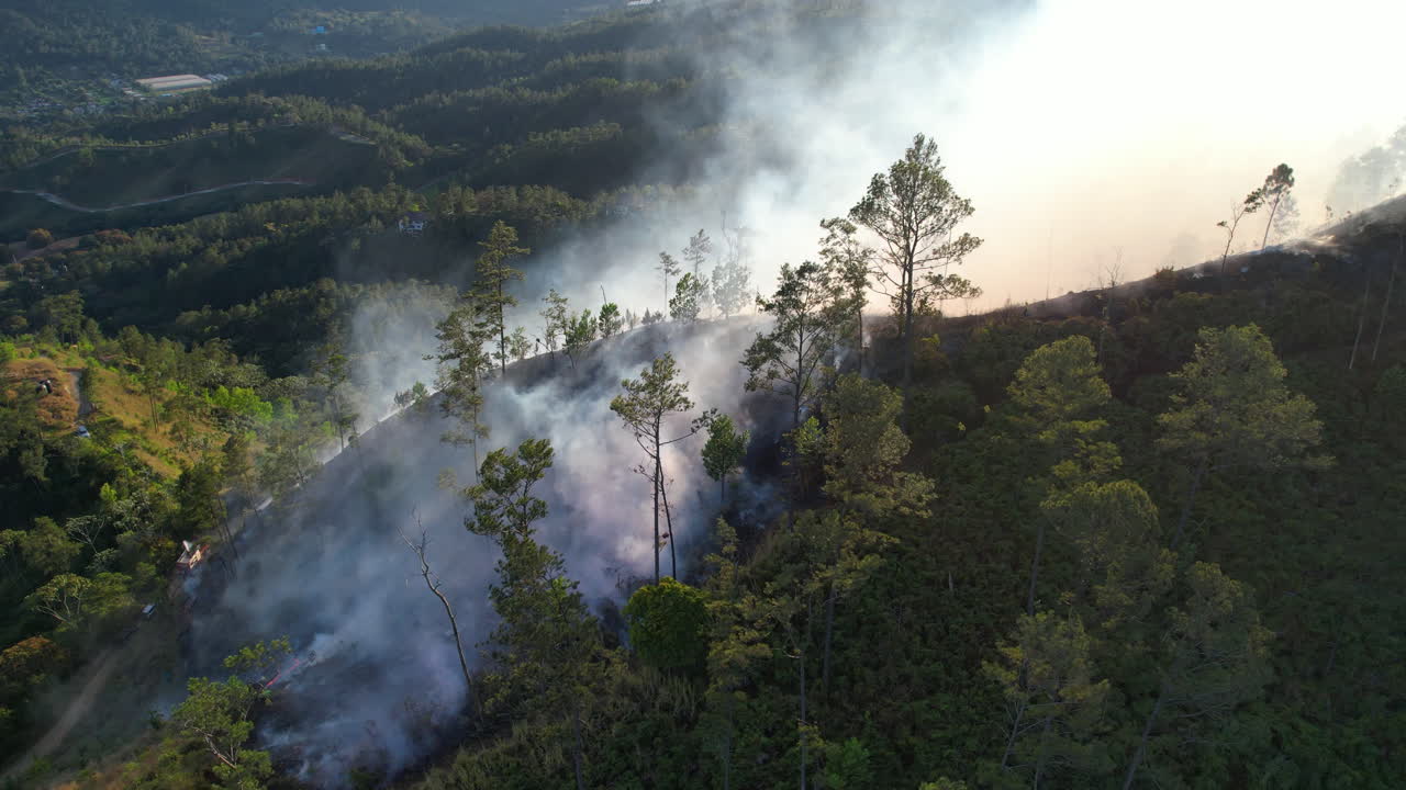 incendio forestal en la montaña cerca de jarabacoa en el bosque tropical profundo al atardecer