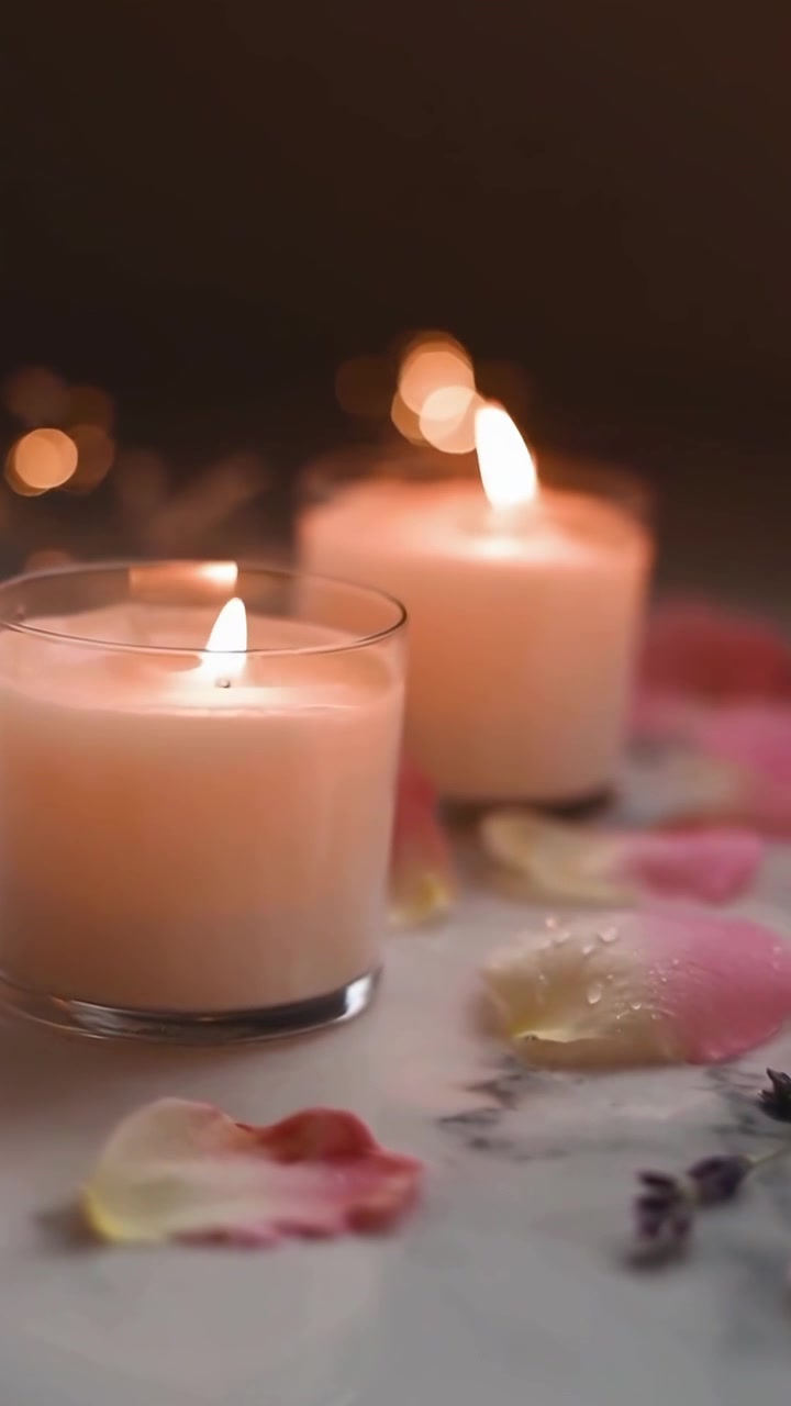 To brændende stearinlys omgivet af rosenblade på en marmoroverflade