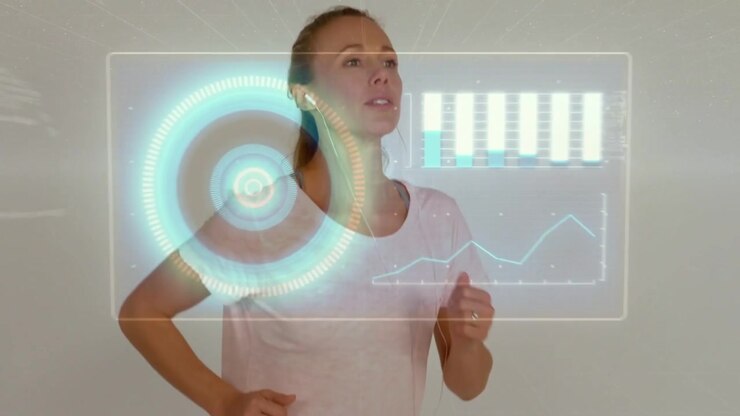 Woman jogging in place on light studio, motion activating AR fitness HUD and tracking pulse metrics