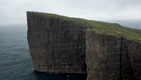 dramatic clifftop precipice hiking trail in remote faroe islands, aerial pan view