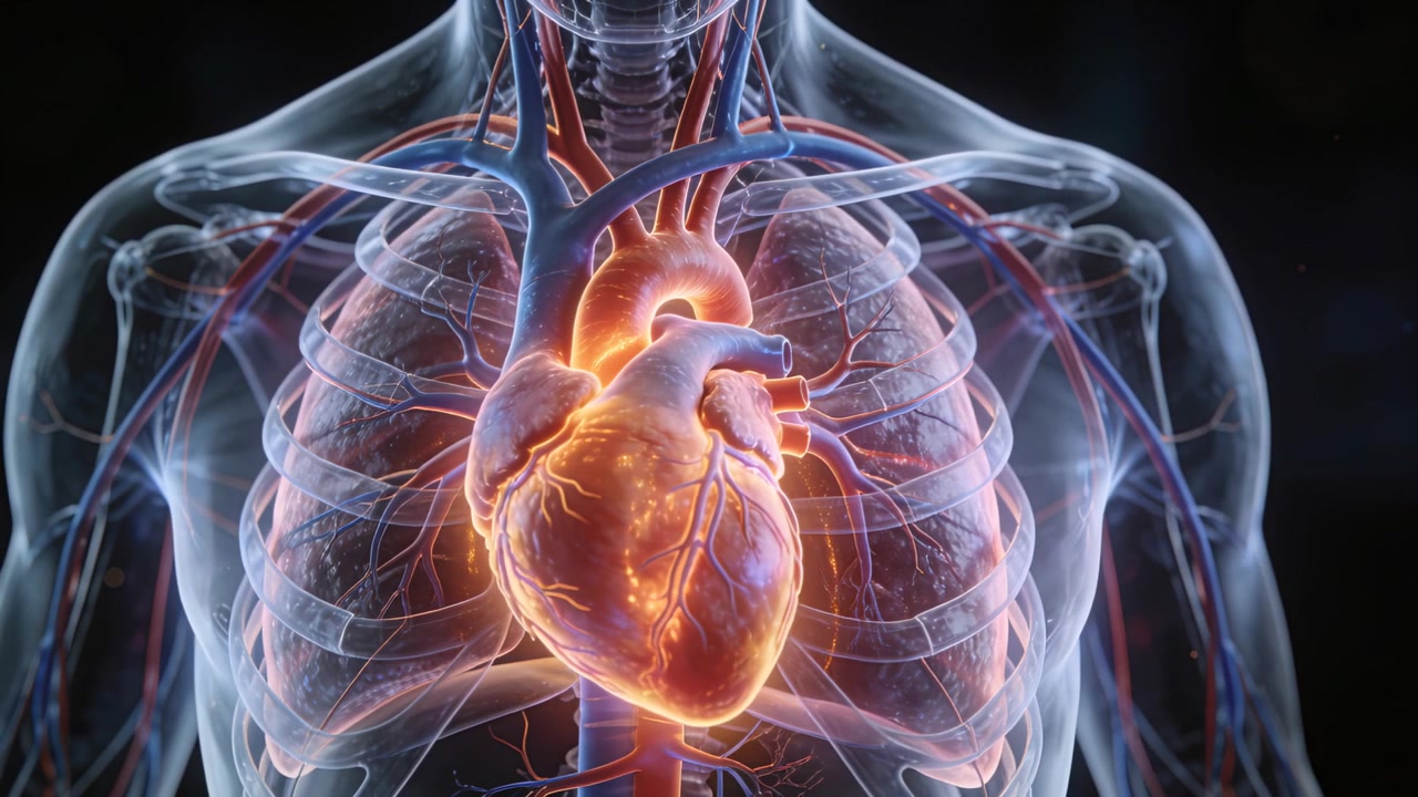 Pacemaker cardiaco che avvia la contrazione del cuore e il pompaggio del sangue nel torace anteriore, con l'aorta pulsante.