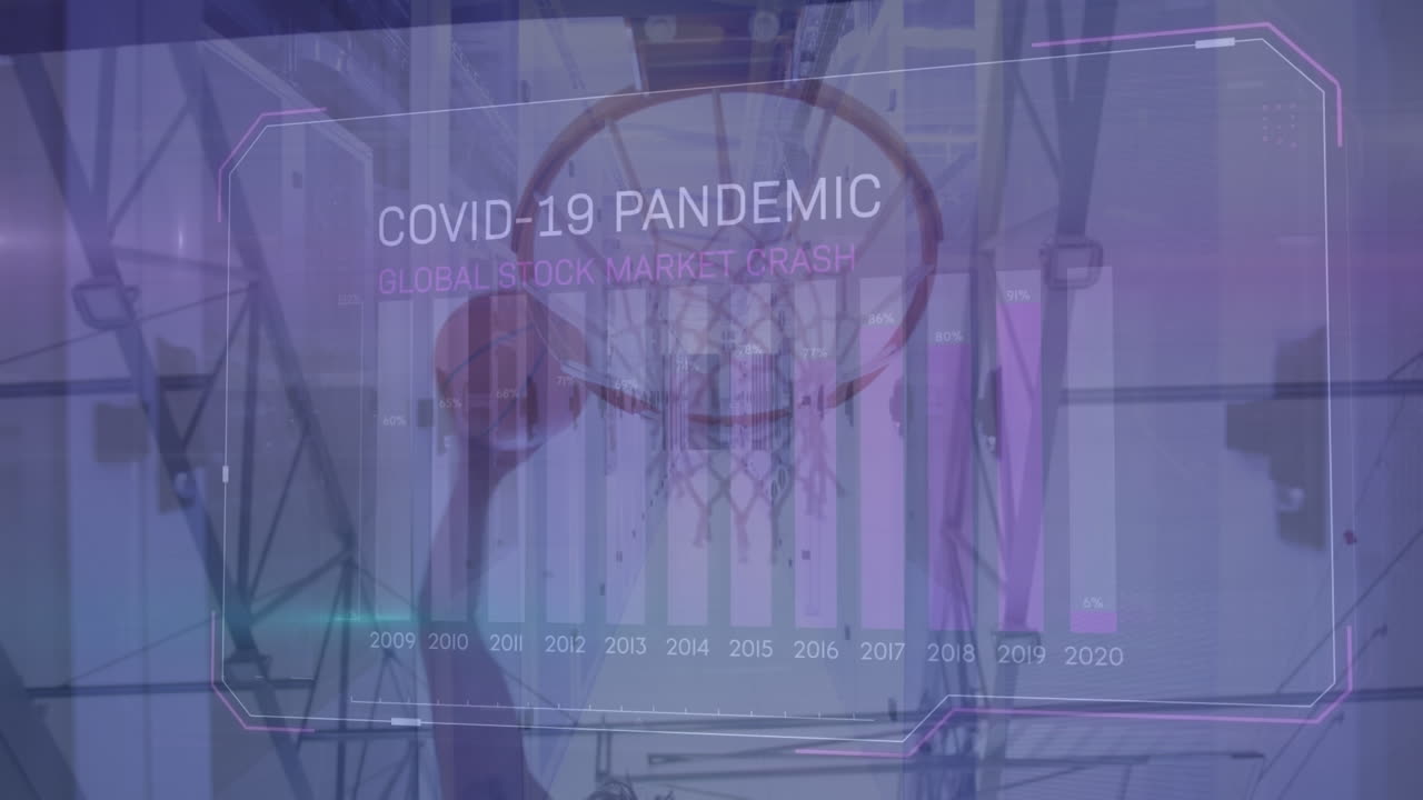 체육관에서 남자 농구 선수에 대한 데이터 처리 애니메이션