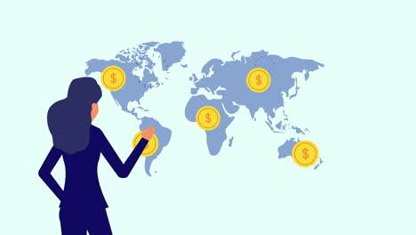mujer de negocios con el mundo planeta y monedas de animación