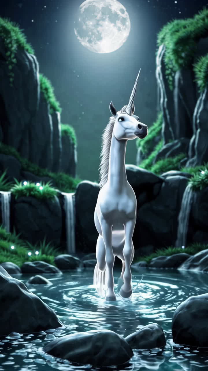 Mystical Unicorn by a Waterfall at Night