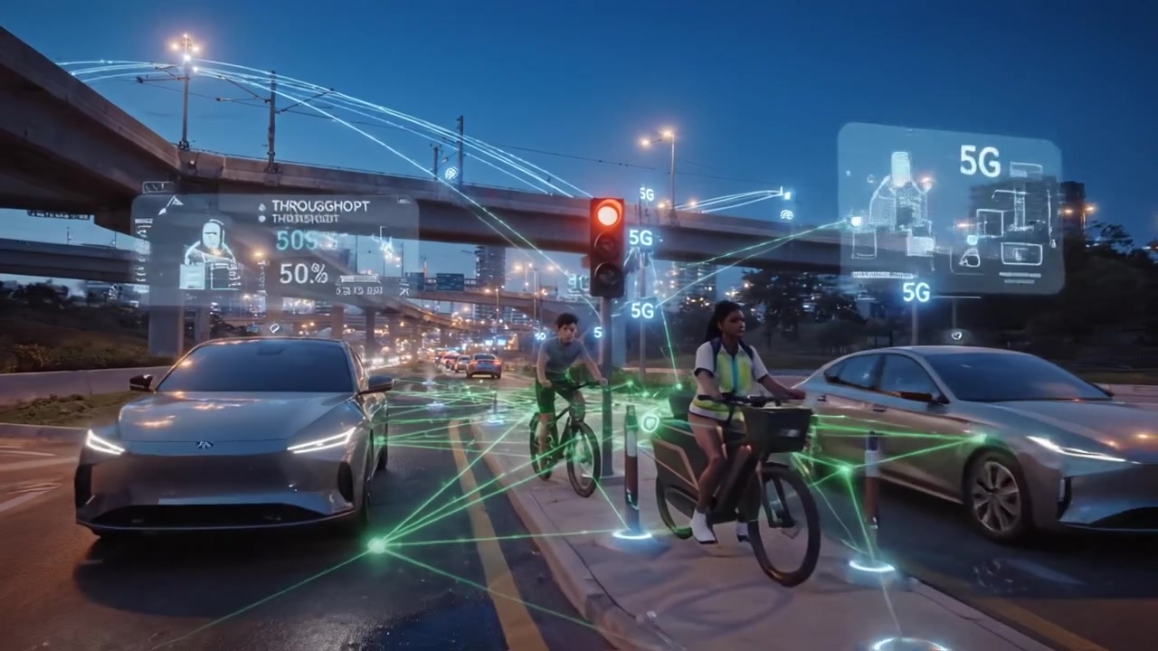 Busy Urban Intersection at Dusk Featuring Vehicles in Motion, Streetlights Illuminating the Road, and a Bicycle Lane with Modern Infrastructure and Cityscape