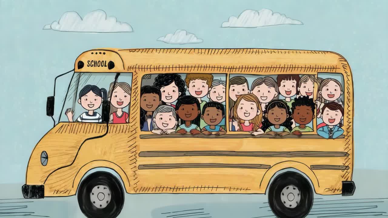 Cartoon skolebus med forskellige børn