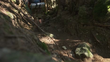 Low-angle-shot-of-hiker-with-hiking-poles-walking-an-exhausting-climb-path-uphill-the-mountain-in-nature