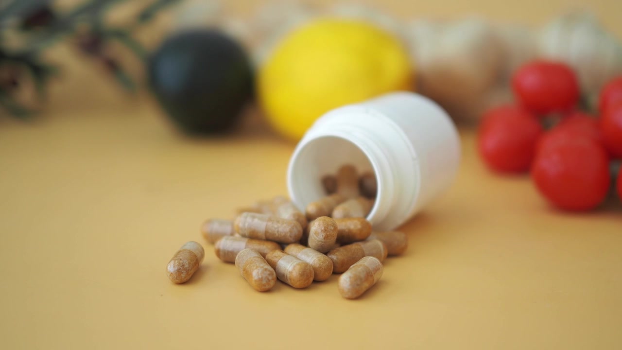 Health Supplement Capsules Spilled from Bottle with Fresh Fruits and Vegetables
