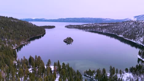 aerial drone view of emerald bay, lake tahoe, california pink golden hour