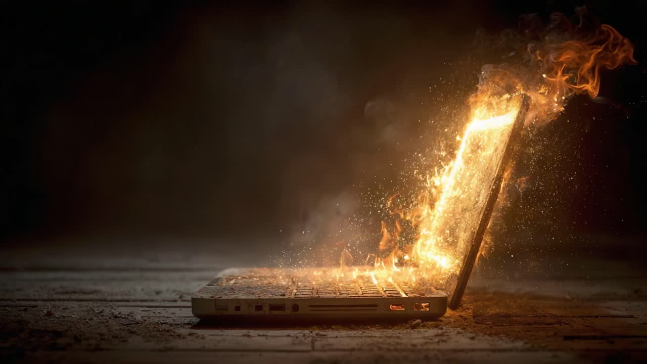 Un'immagine intensa di un portatile in fiamme, che illustra i pericoli del surriscaldamento dei dispositivi elettronici e l'impatto del fuoco sulla tecnologia e sull'ambiente circostante