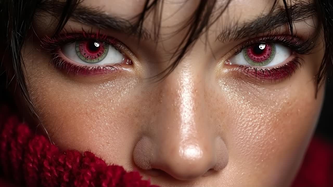 A close up of a woman's face with red eye makeup